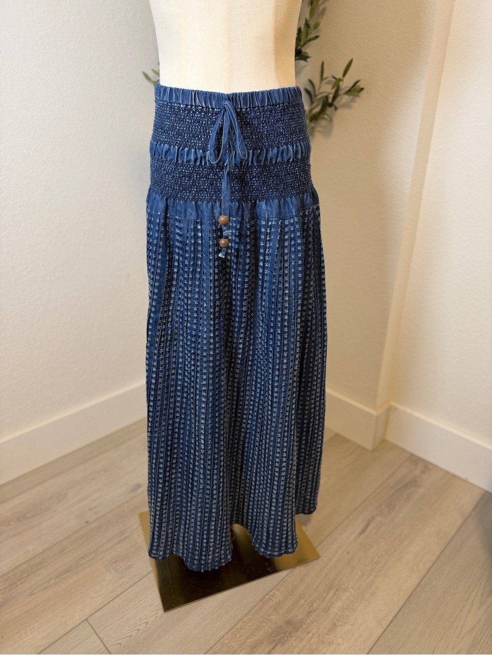 Tantrums Navy Blue Smocked Maxi Skirt with Tassel